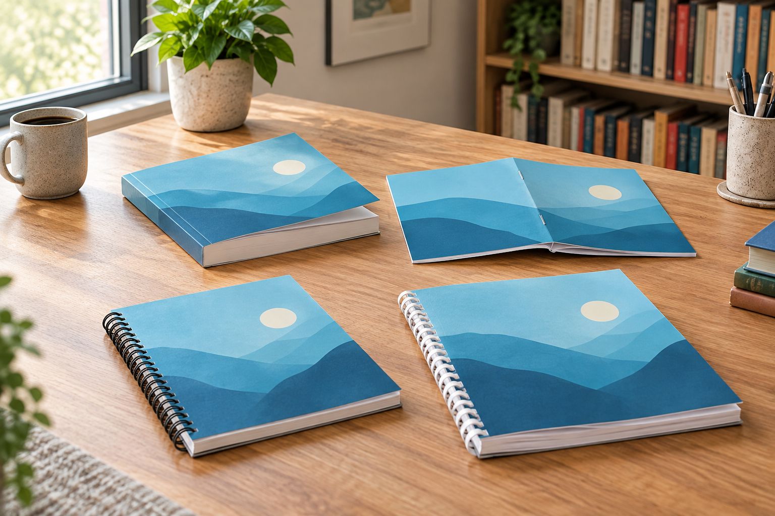 Four printed books showing perfect, saddle-stitch, wire-o, and plastic-coil bindings