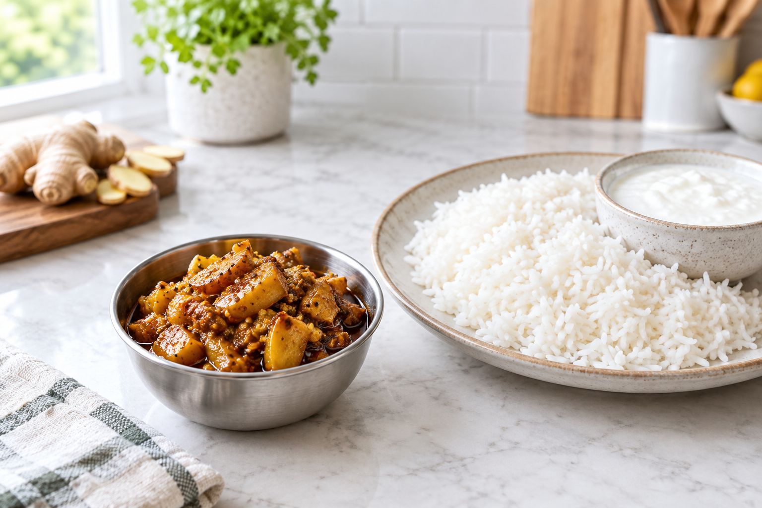 Small bowl of ginger pickle served beside plain rice and curd