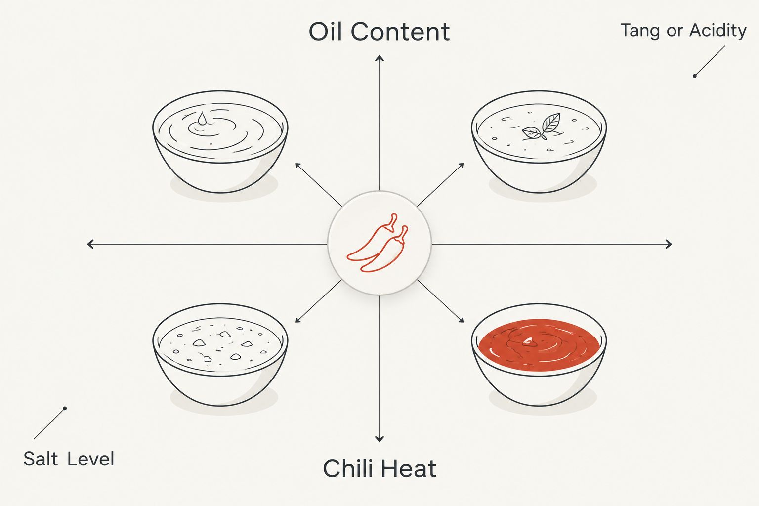 2x2 matrix comparing oil content, chili heat, salt level and tang in pickles
