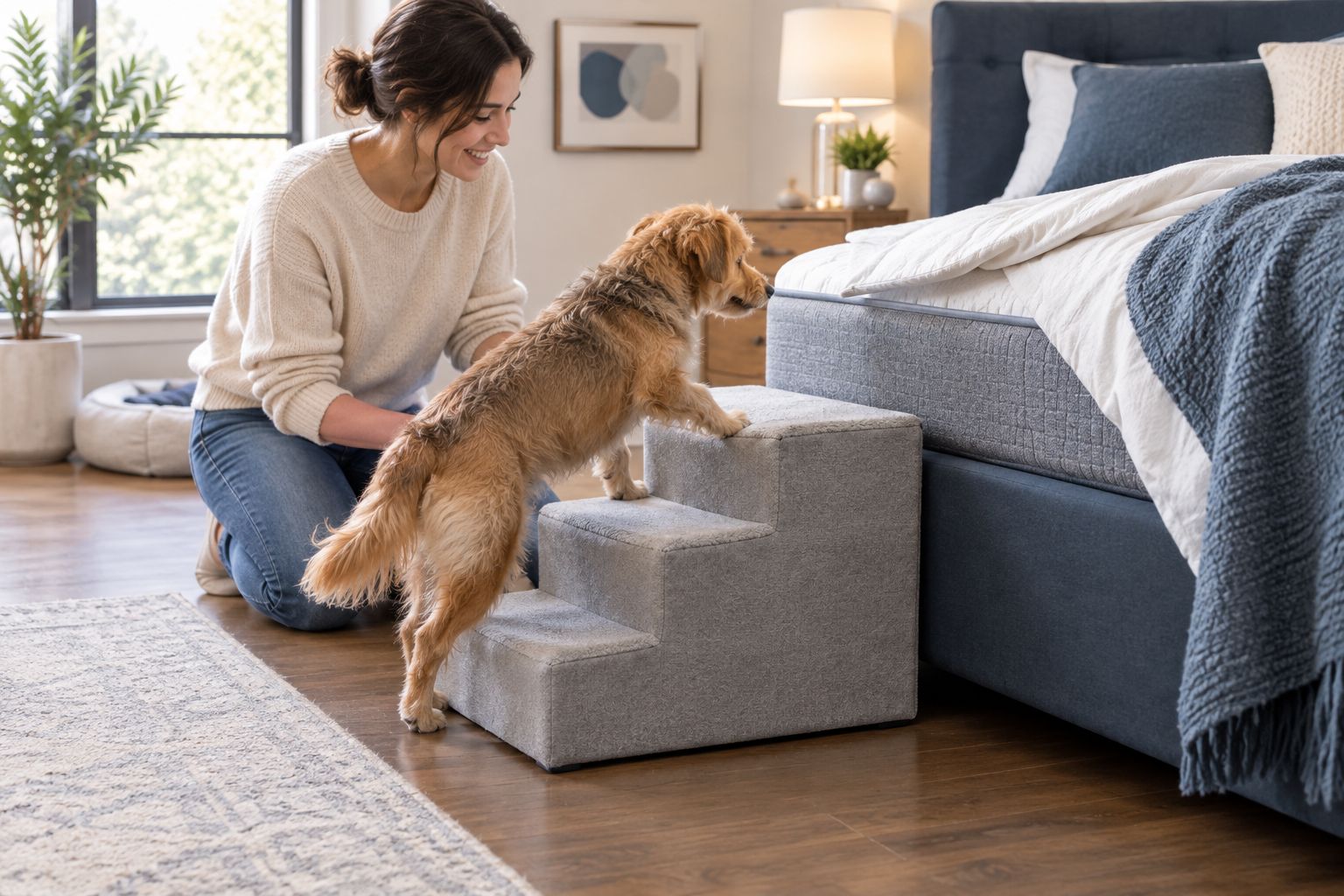 Owner checking a clear pet-stair approach beside a bed