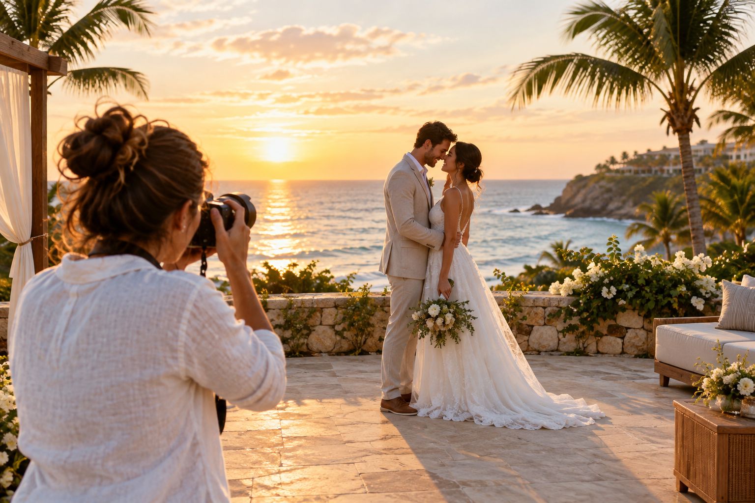 Photographer capturing a couple at a beach resort during golden hour