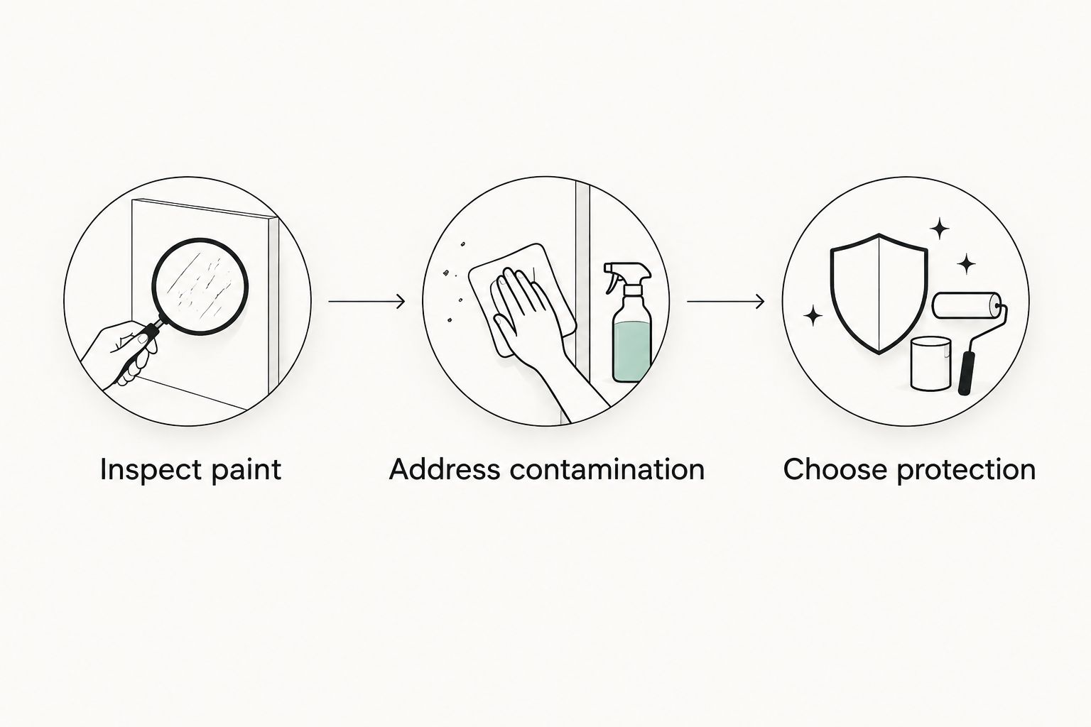 Preparation sequence: inspect paint, address contamination, then choose protection.