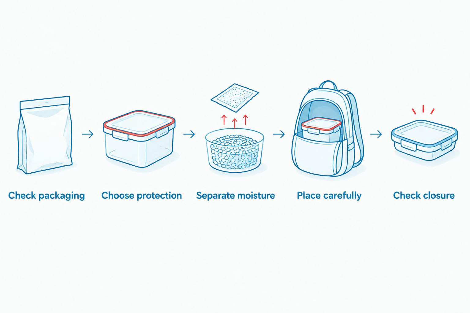 Packing sequence showing packaging checks, rigid protection, moisture separation, backpack placement, and closure.