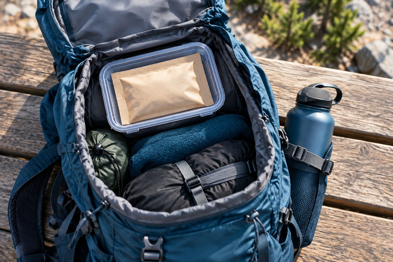 Rigid snack container near the top of a hiking backpack, separated from a water bottle and heavier gear.