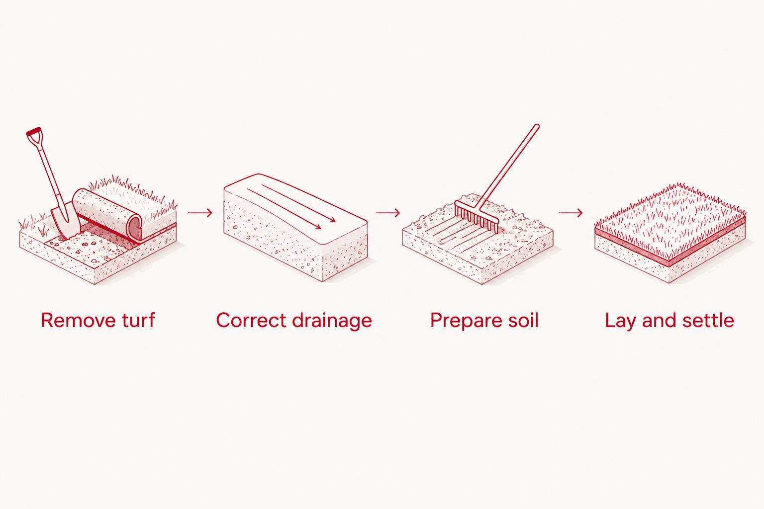 Four steps showing turf removal, drainage correction, soil preparation, and sod placement