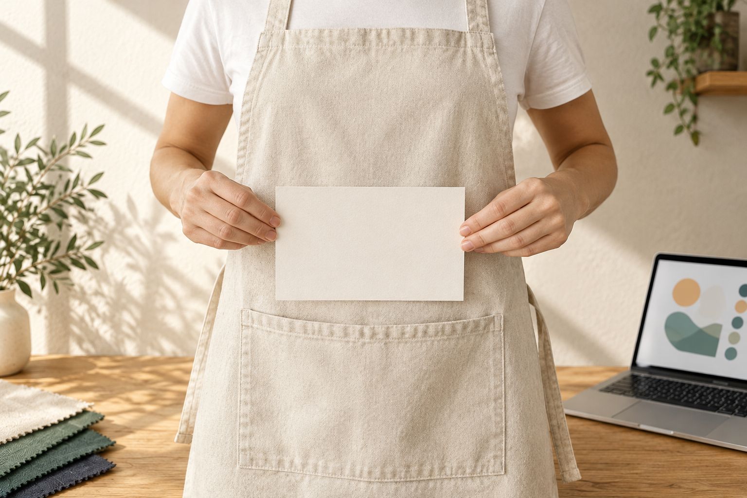 A blank paper rectangle held above an apron pocket to check possible logo placement