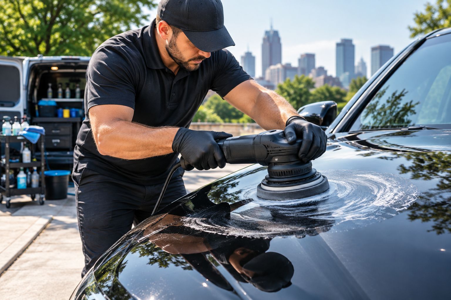 Technician polishing a car hood panel with a dual-action polisher