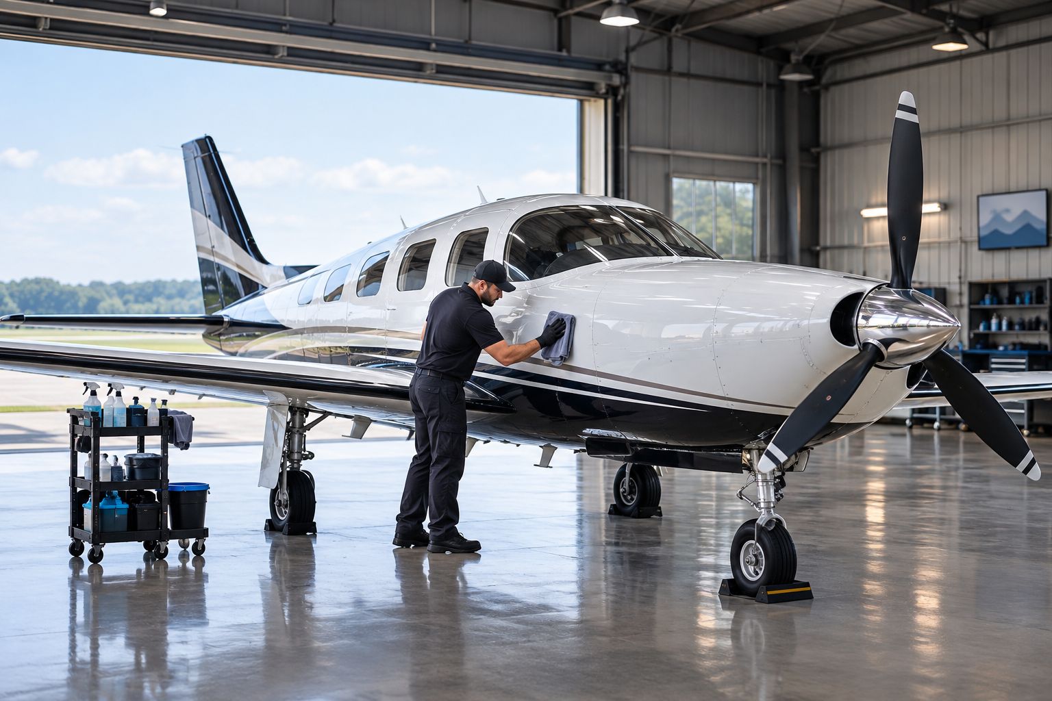 Detailer cleaning a private aircraft fuselage inside a hangar