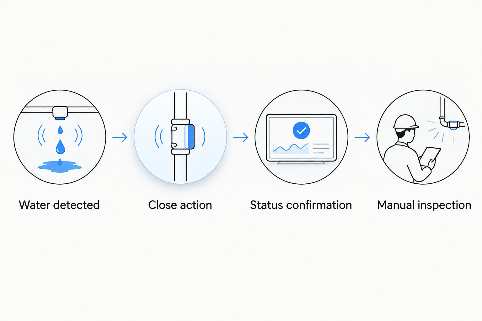 Leak automation sequence from water detection through closure confirmation and manual inspection