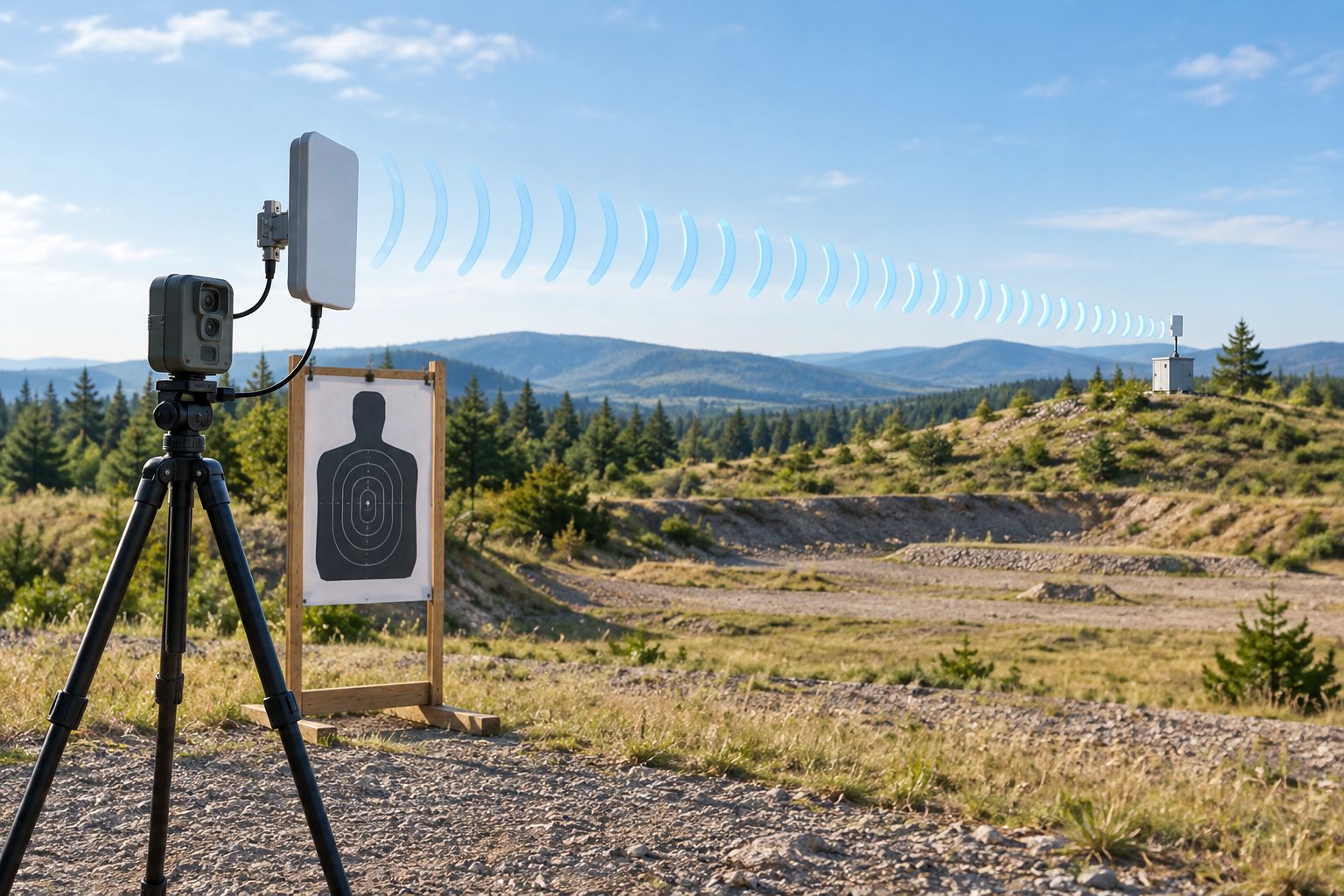 Target camera beside a paper target with an open path toward a distant receiving station