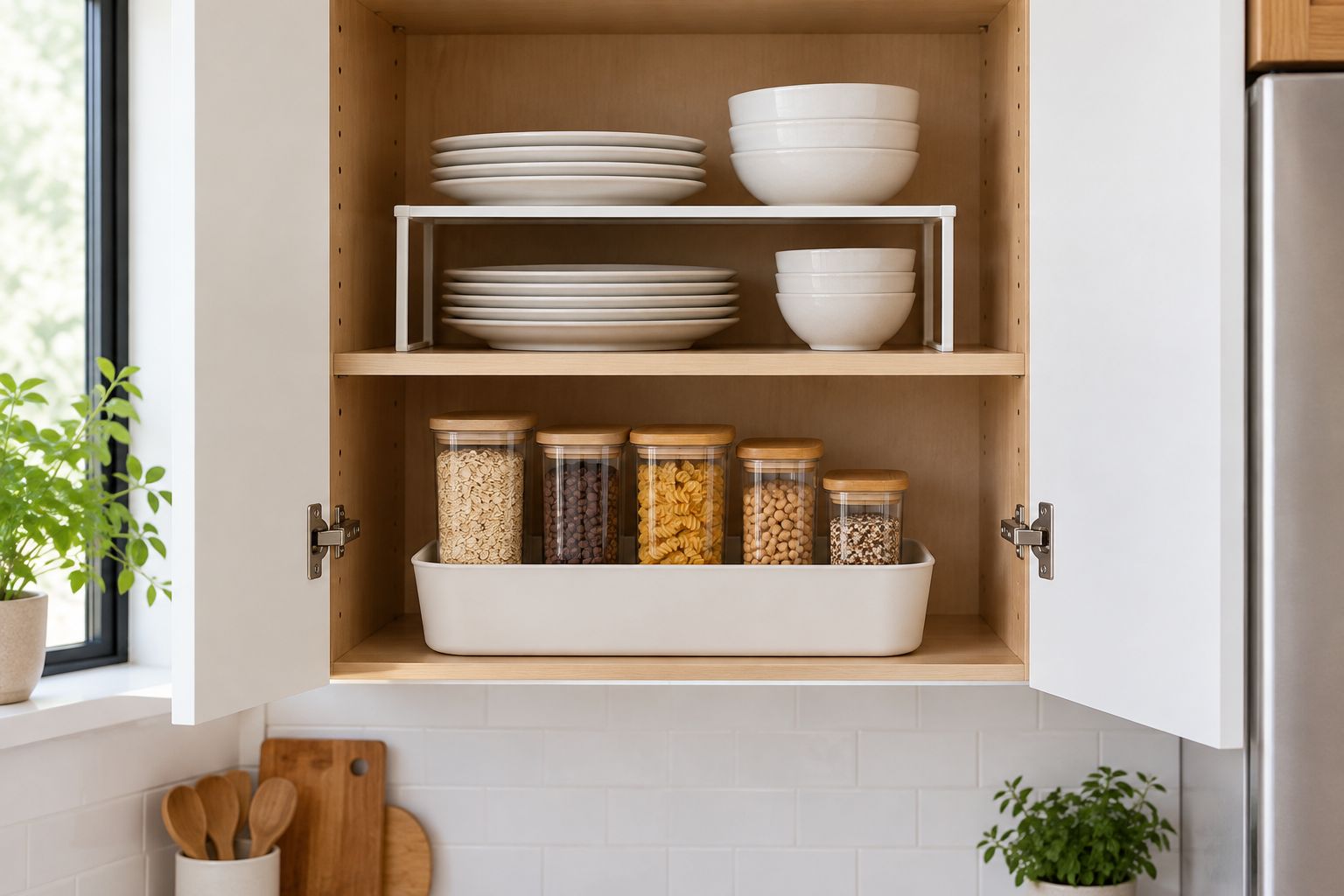 Small kitchen cabinet using a shelf riser for plates and a removable bin for grouped containers