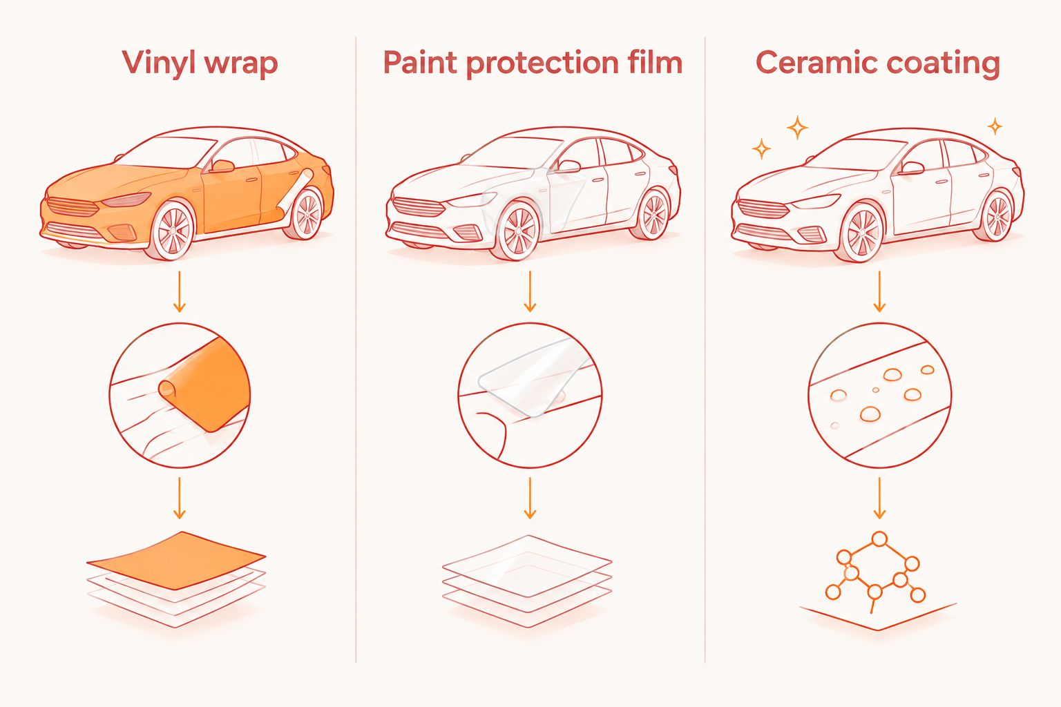 Three treatment categories: vinyl wrap, paint protection film, and ceramic coating