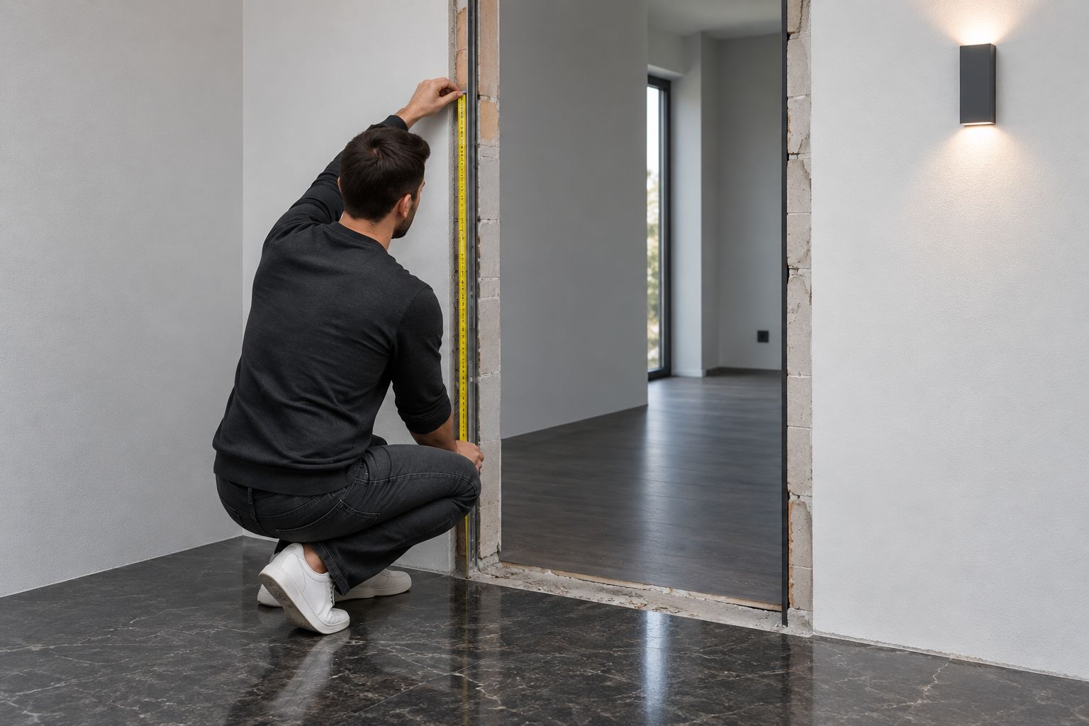 Aufmaß einer Hauseingangsöffnung mit sichtbarer Laibung und freigelegtem Bodenanschluss