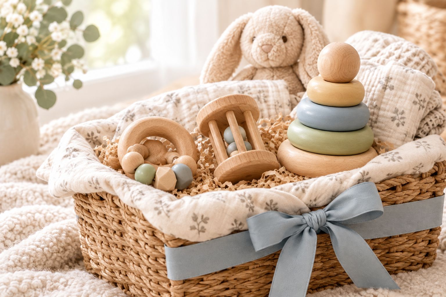 Baby shower gift basket with wooden teether, rattle and stacking toy