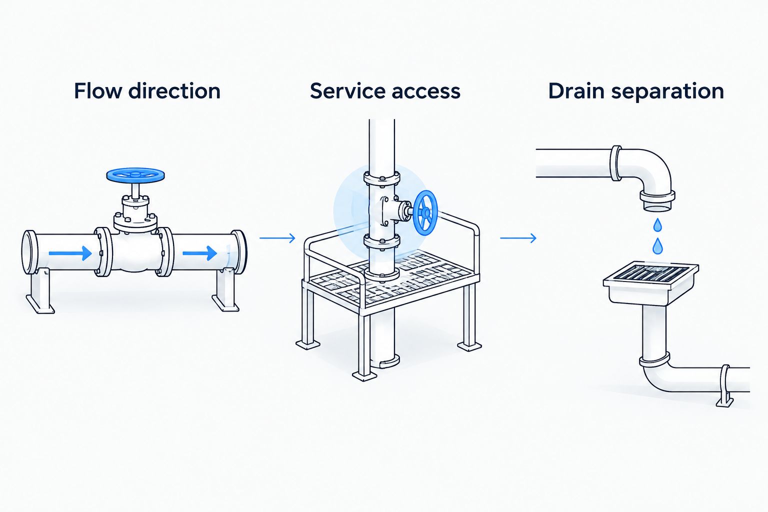 Connection checks showing flow direction, service access, and drain separation