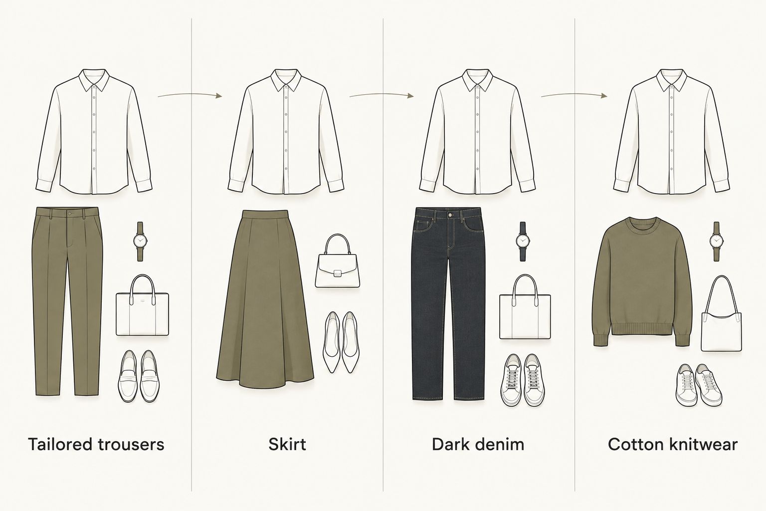 Four Oxford-shirt outfit combinations with trousers, a skirt, dark denim and cotton knitwear.