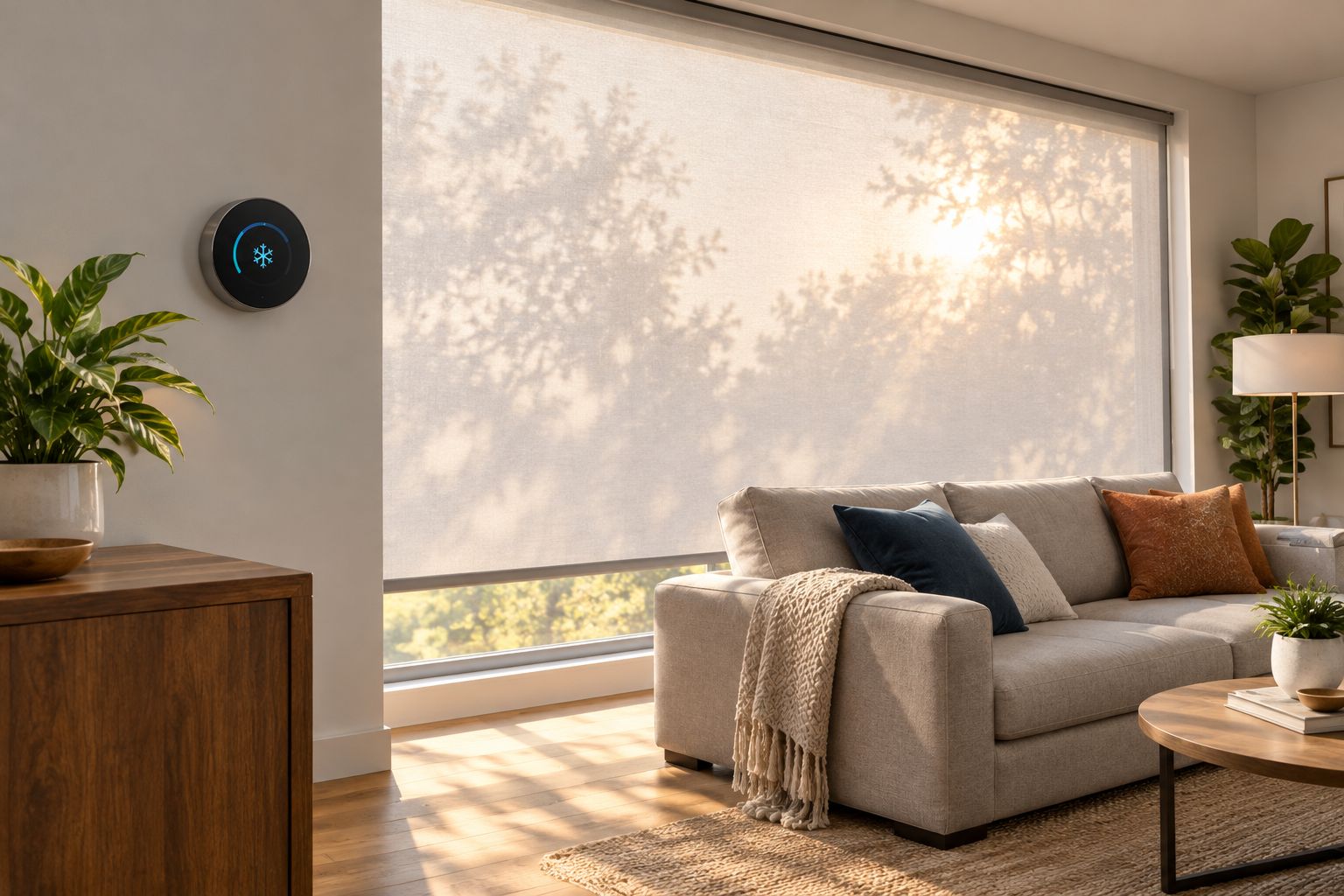 Living room window covered by a lowered roller shade during bright afternoon sunlight