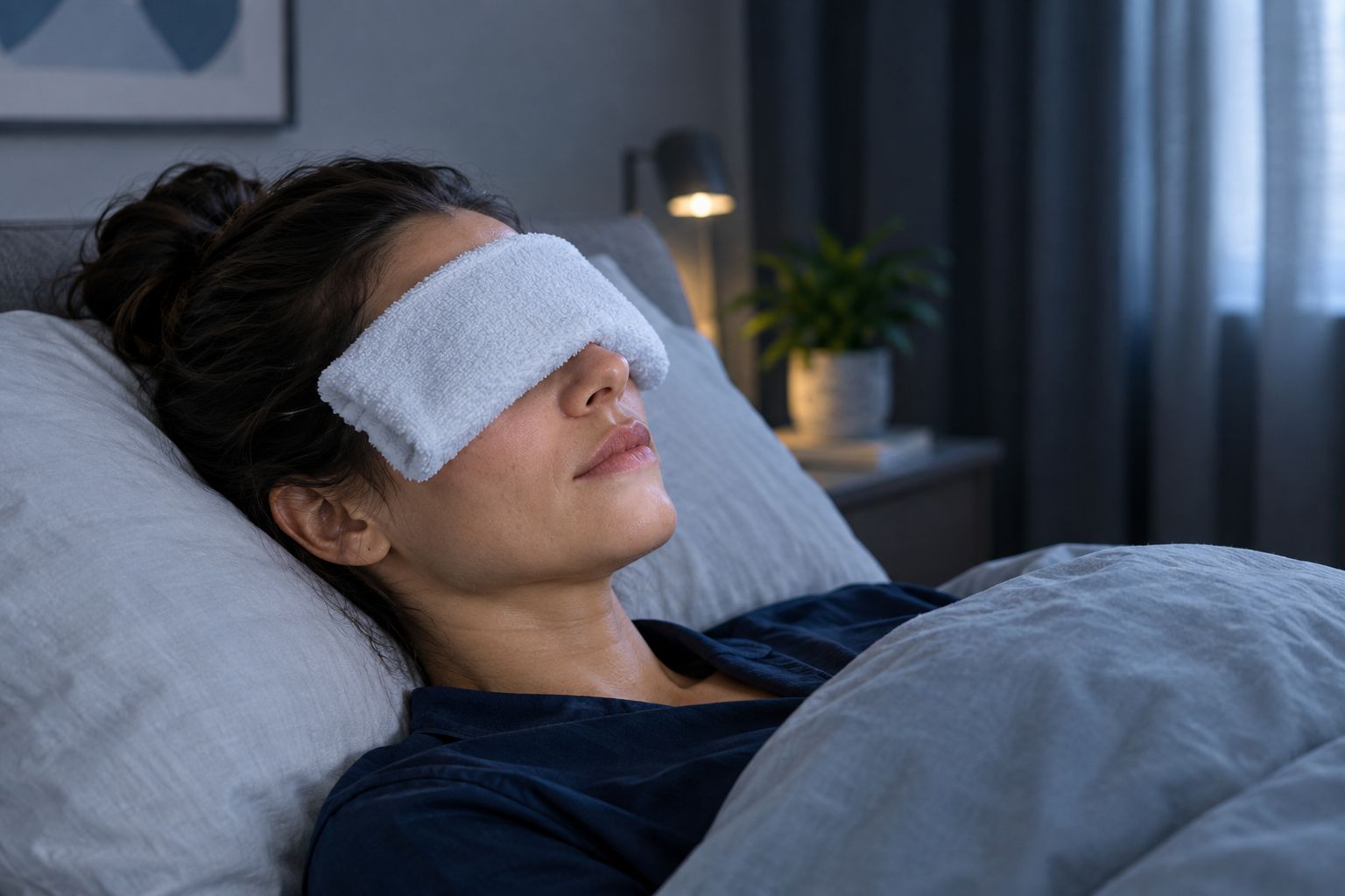 Night shift worker using a cool compress beneath closed eyes
