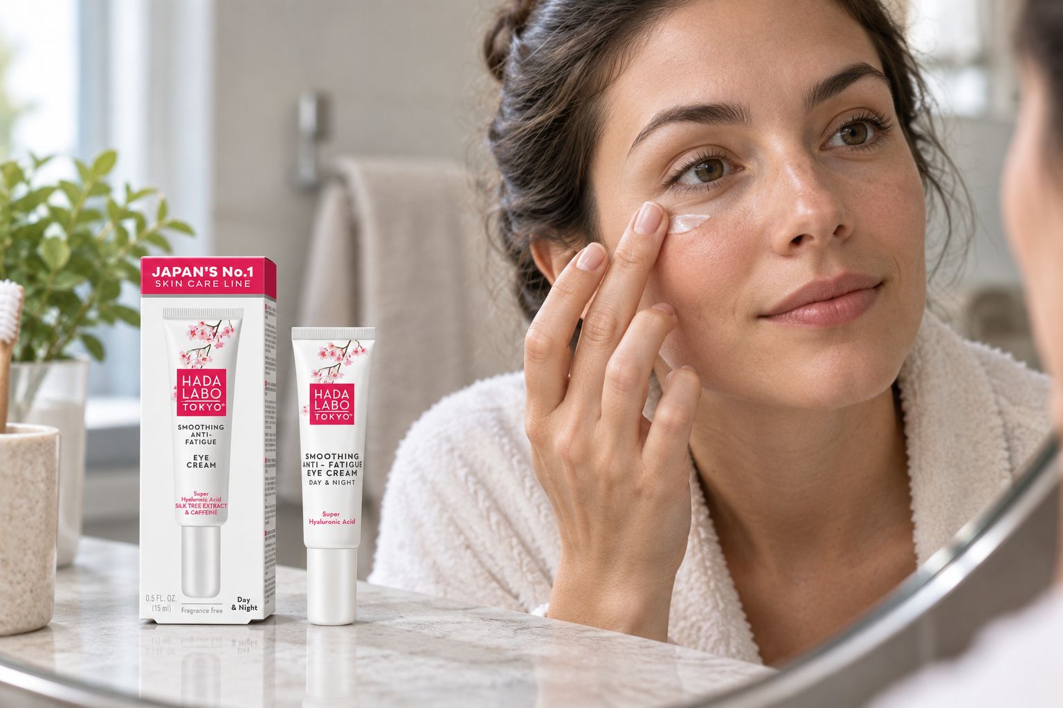 Applying Hada Labo Tokyo eye cream gently beneath one eye