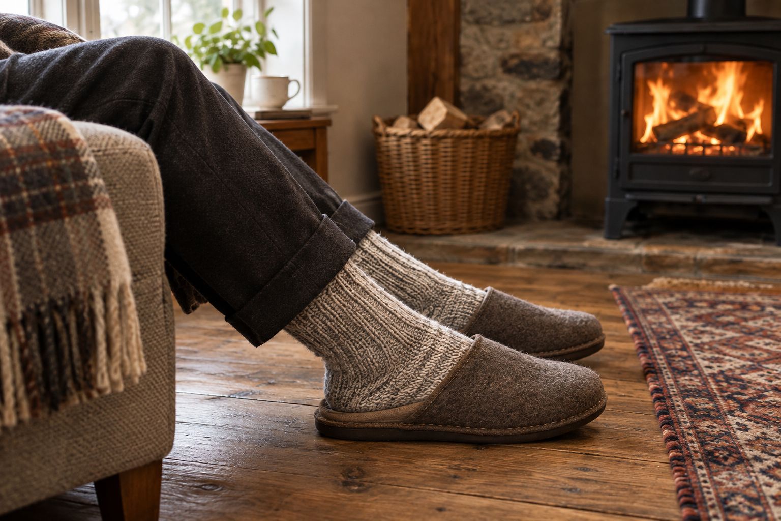 Wool socks worn inside slippers beside a rug on a wooden sitting-room floor