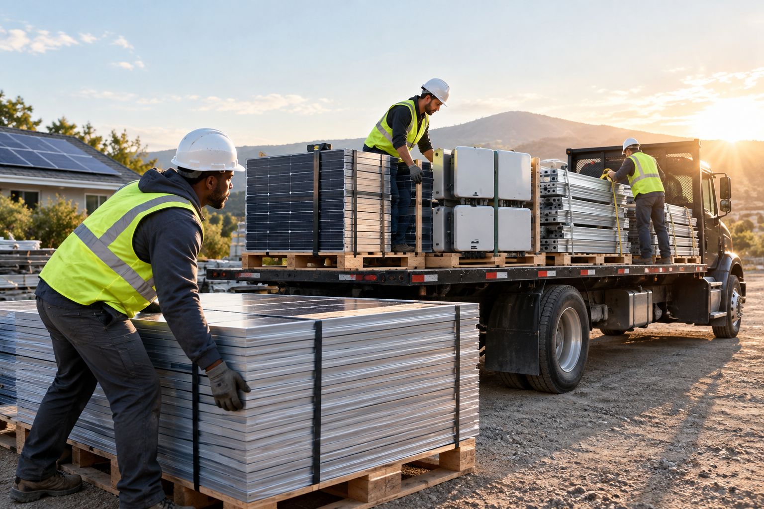 Solar crew loading panels and inverters onto a truck before a job