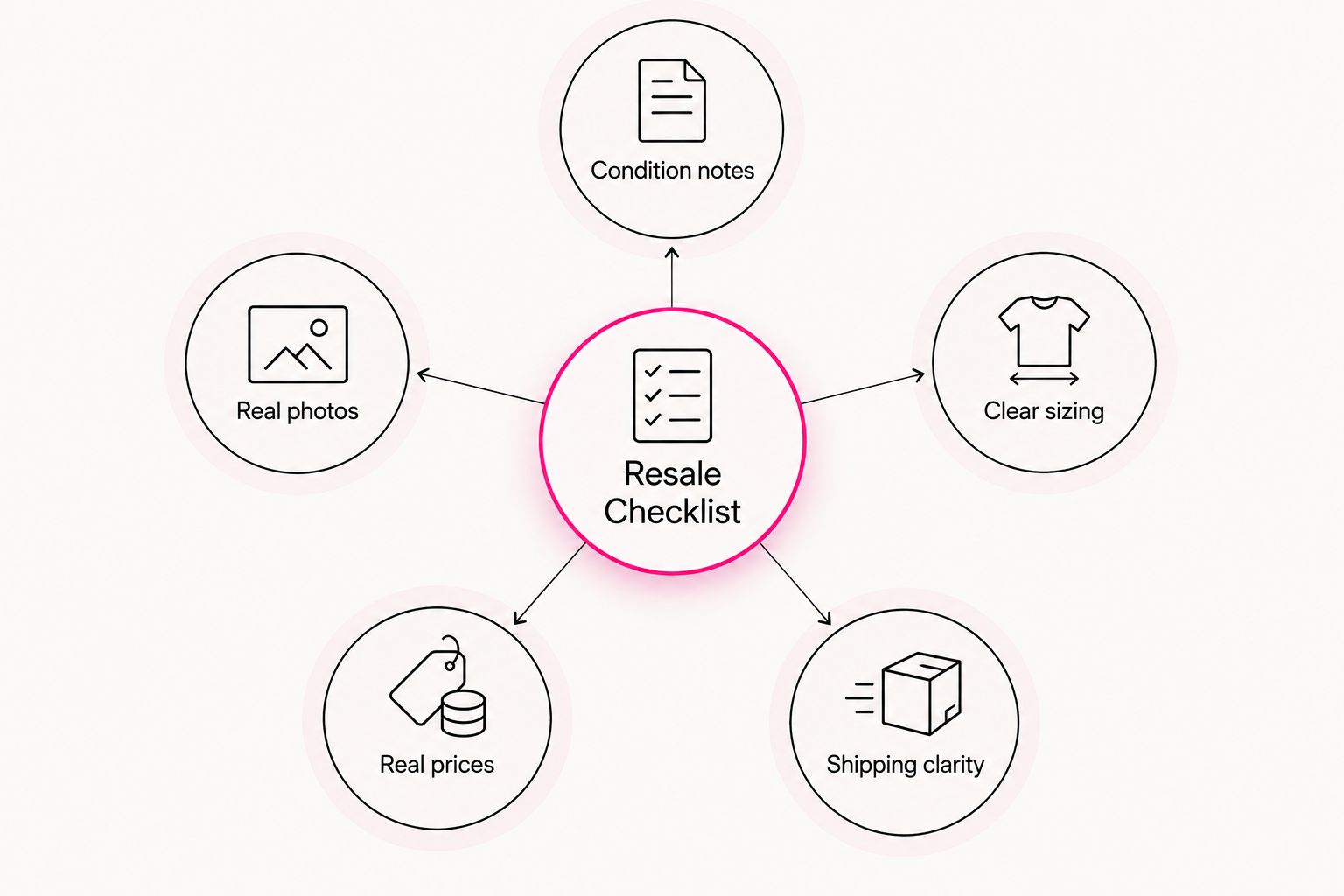 Diagram showing five criteria that define a trustworthy resale boutique