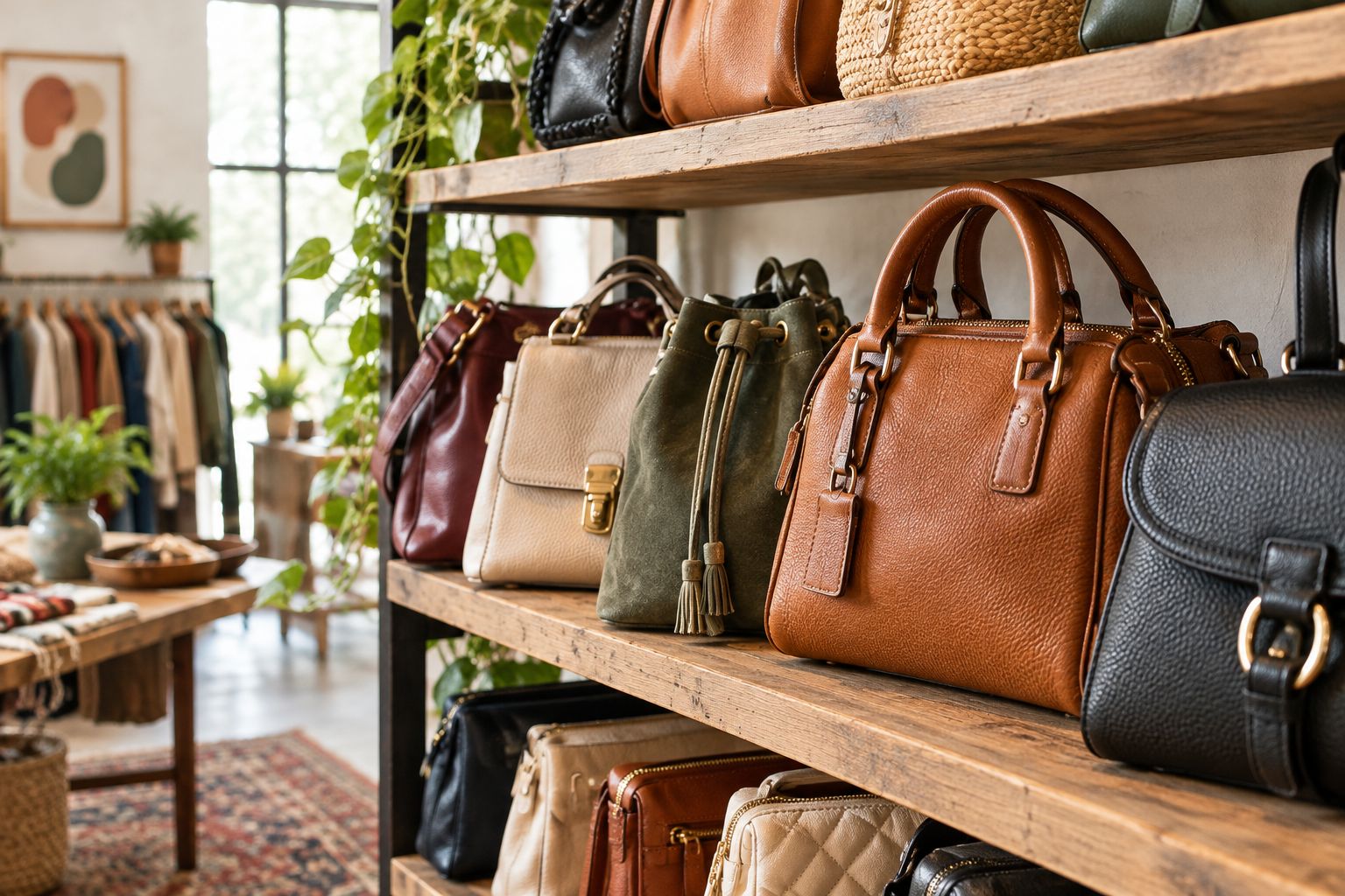 Shelf of gently used handbags showing stitching and hardware detail