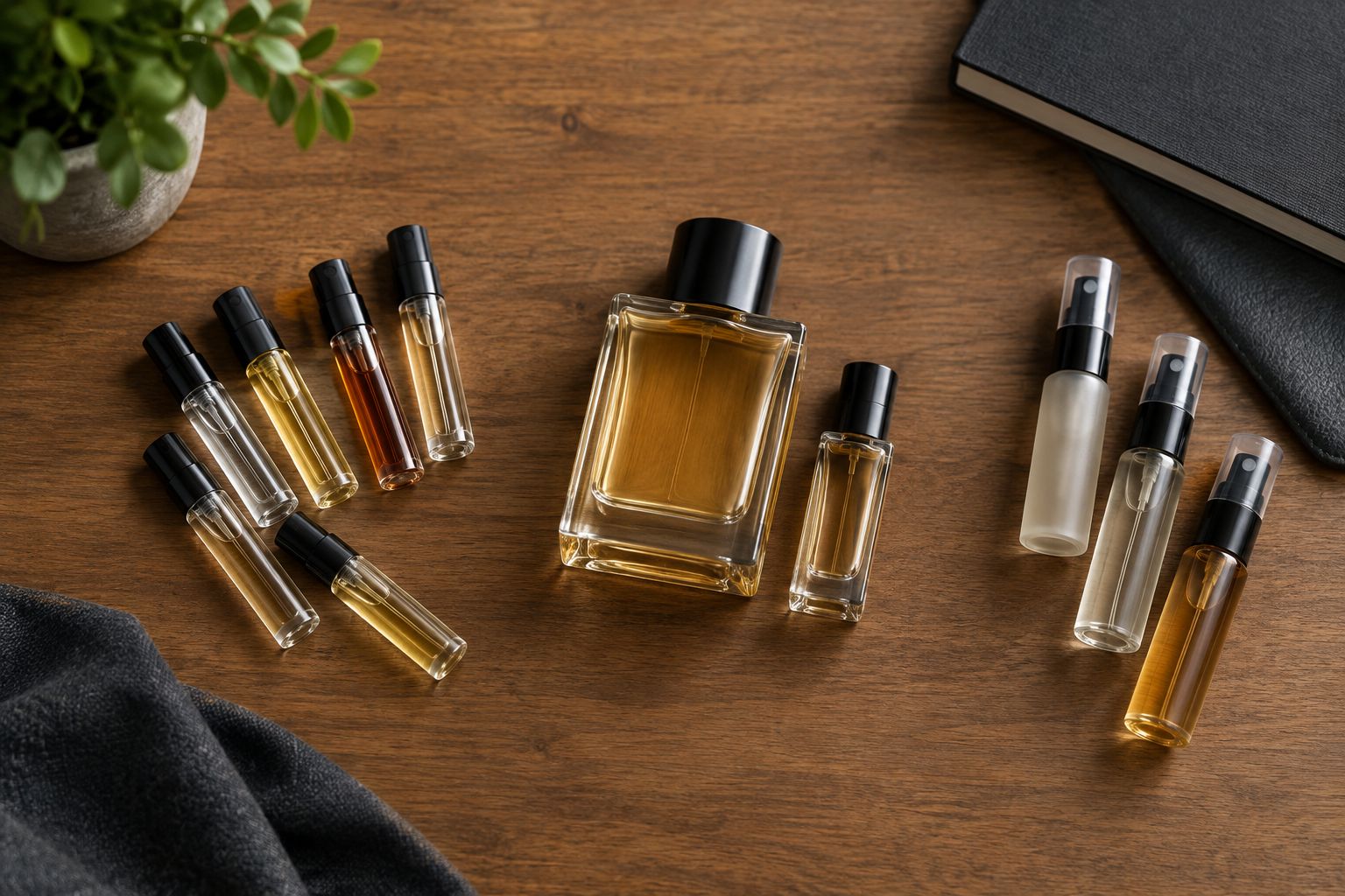 Sample vials, a bottle with a small spray, and a travel-size assortment compared side by side