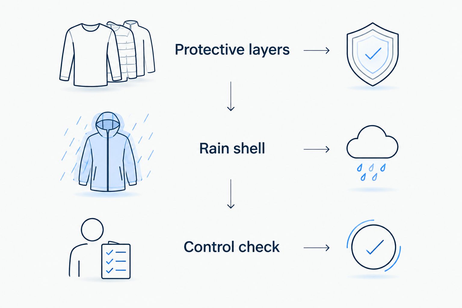 Three steps for checking protective layers, the rain shell, and control clearance