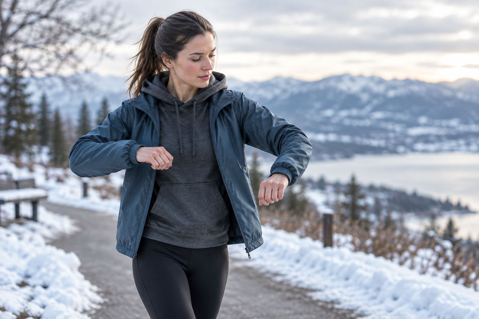 Runner checking shoulder and sleeve movement with a hoodie beneath an outer jacket