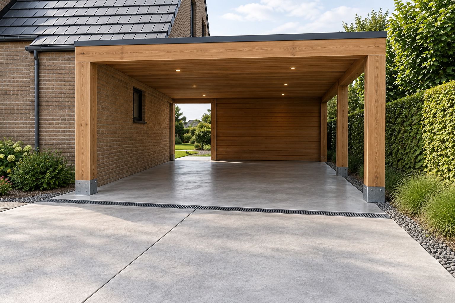 Houten carport combineren met een betonnen vloer: complete 2026 workflow 2 fercon betonprojecten kempen Houten carport met betonvloer, zichtbare paalvoeten en afvoergoot aan de inrit