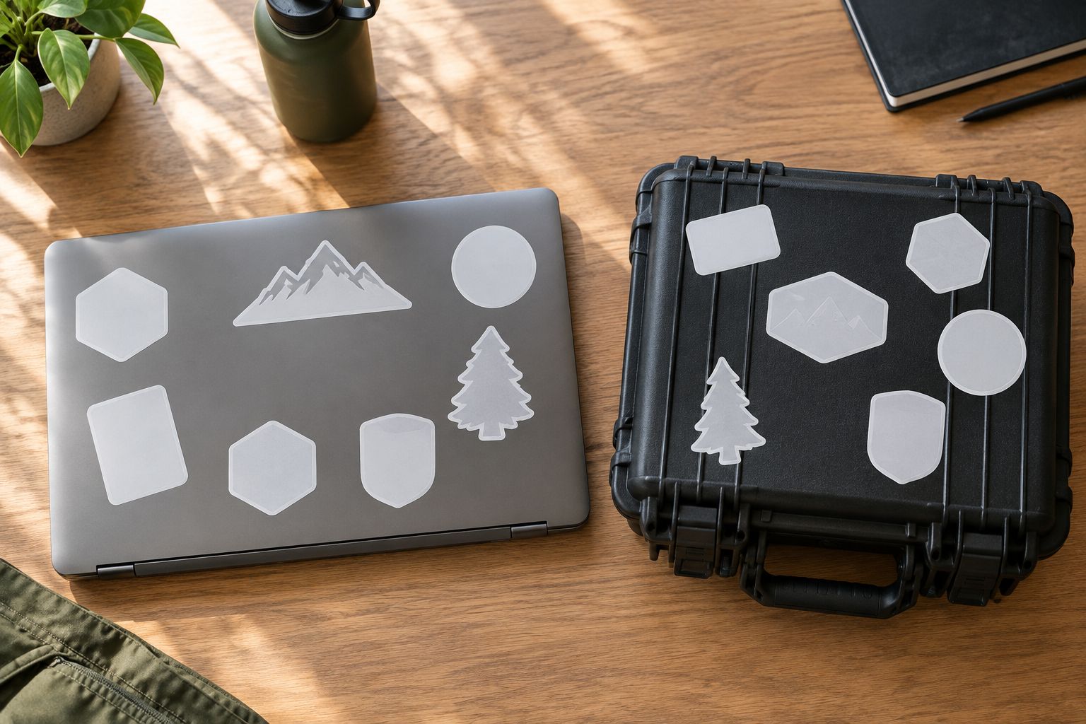 Sticker placement planned on a laptop lid and hard case with hinges and latches left clear.
