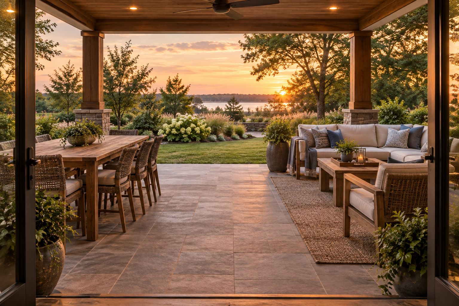 Covered patio with separate dining and seating areas and a clear route from the house
