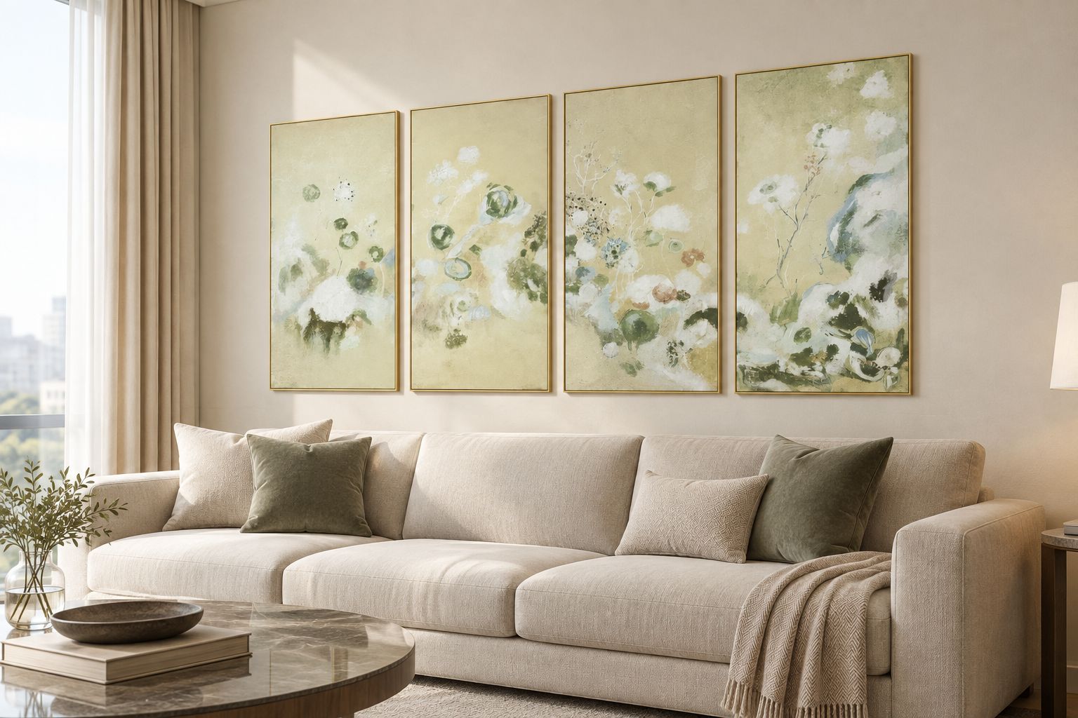 Set of four canvas paintings mounted above a sofa in a hotel-style living room