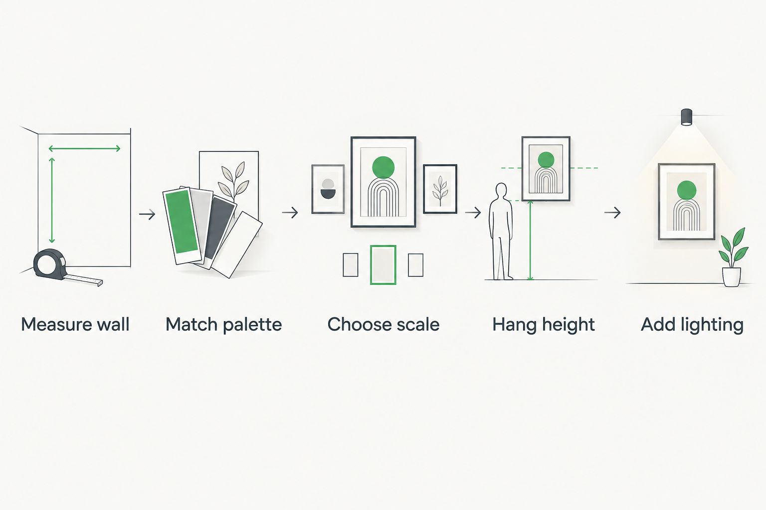 Five-step sequence for choosing and hanging canvas paintings on a feature wall
