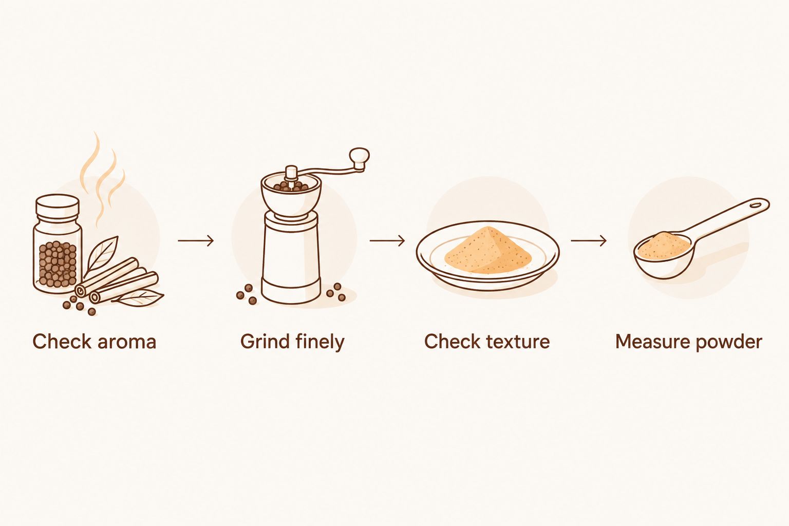 Sequence for checking cloves, grinding finely, inspecting texture, and measuring the powder