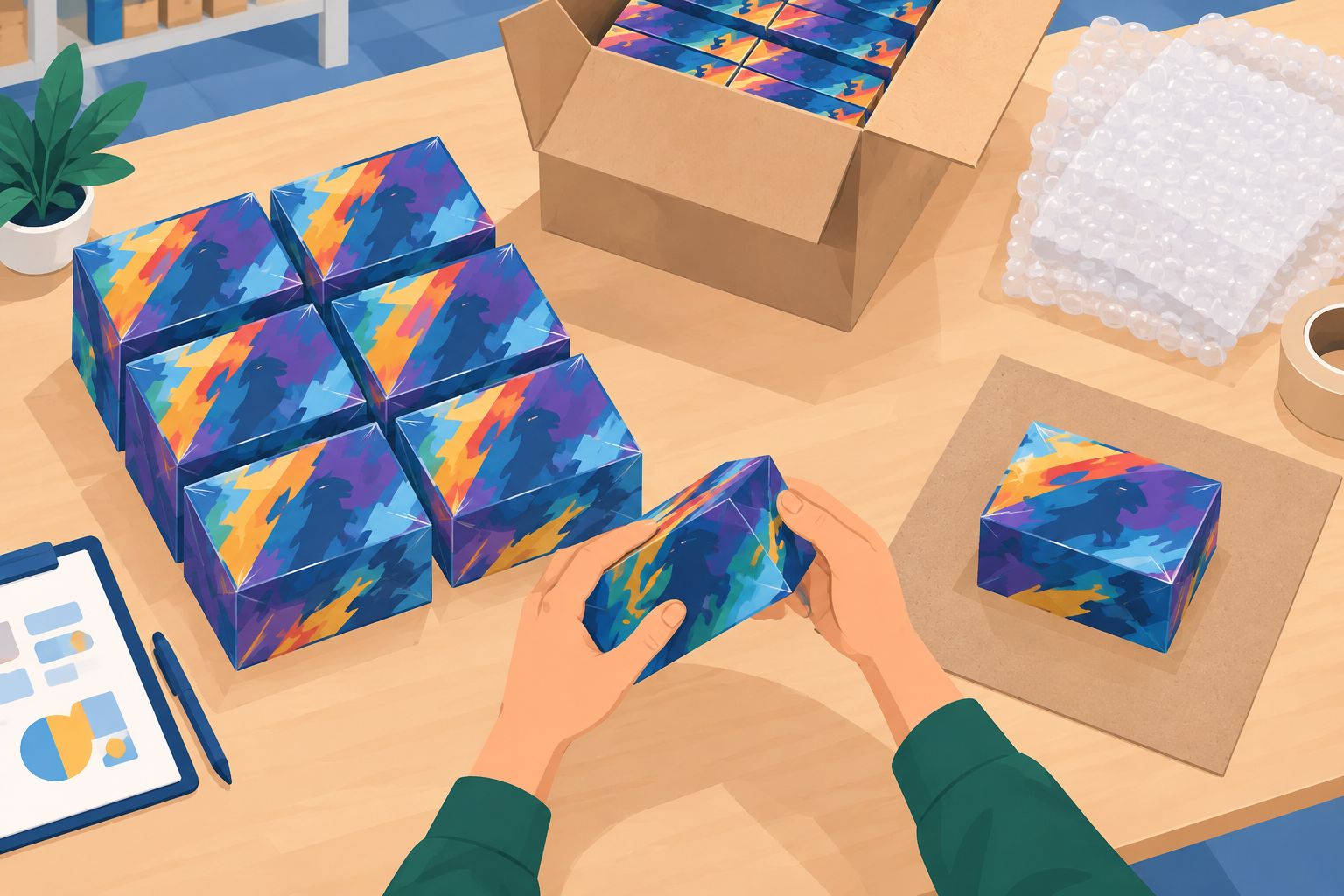 Sealed trading card boxes being inspected on a store receiving table