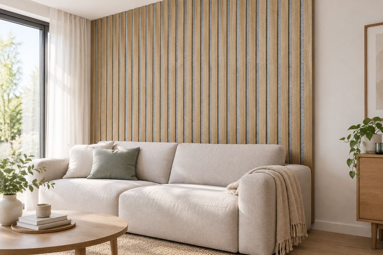 Eichenpaneele mit grauem Filz als Akzentwand hinter einem Sofa