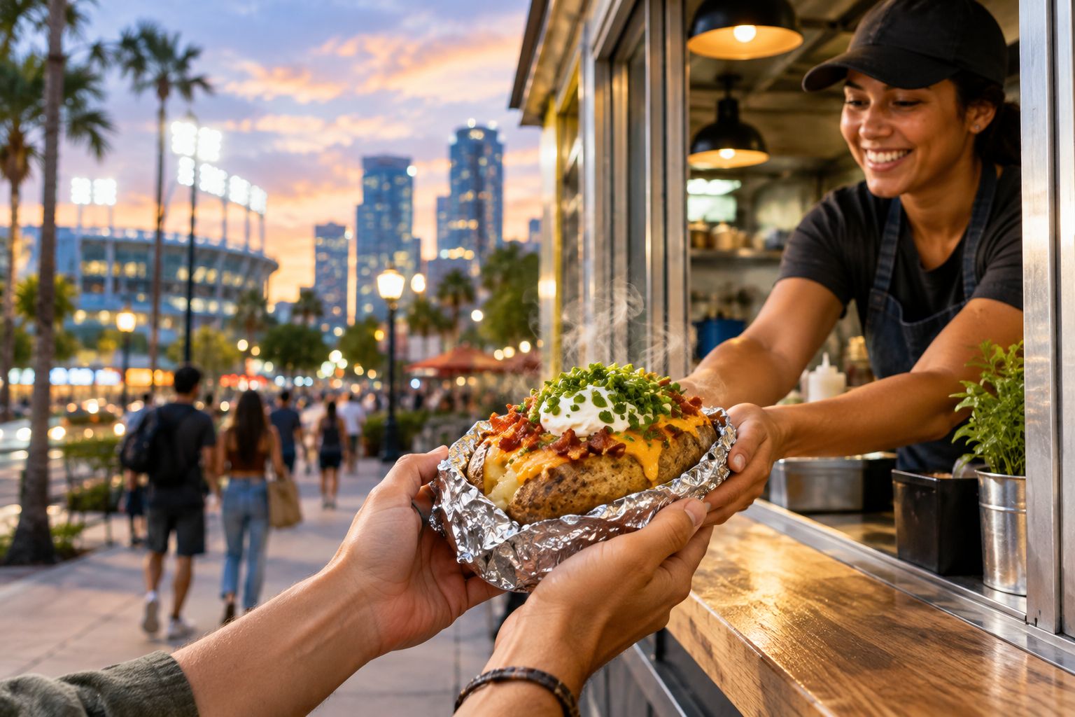 Hands holding a loaded baked potato at a downtown Orlando walk-up counter