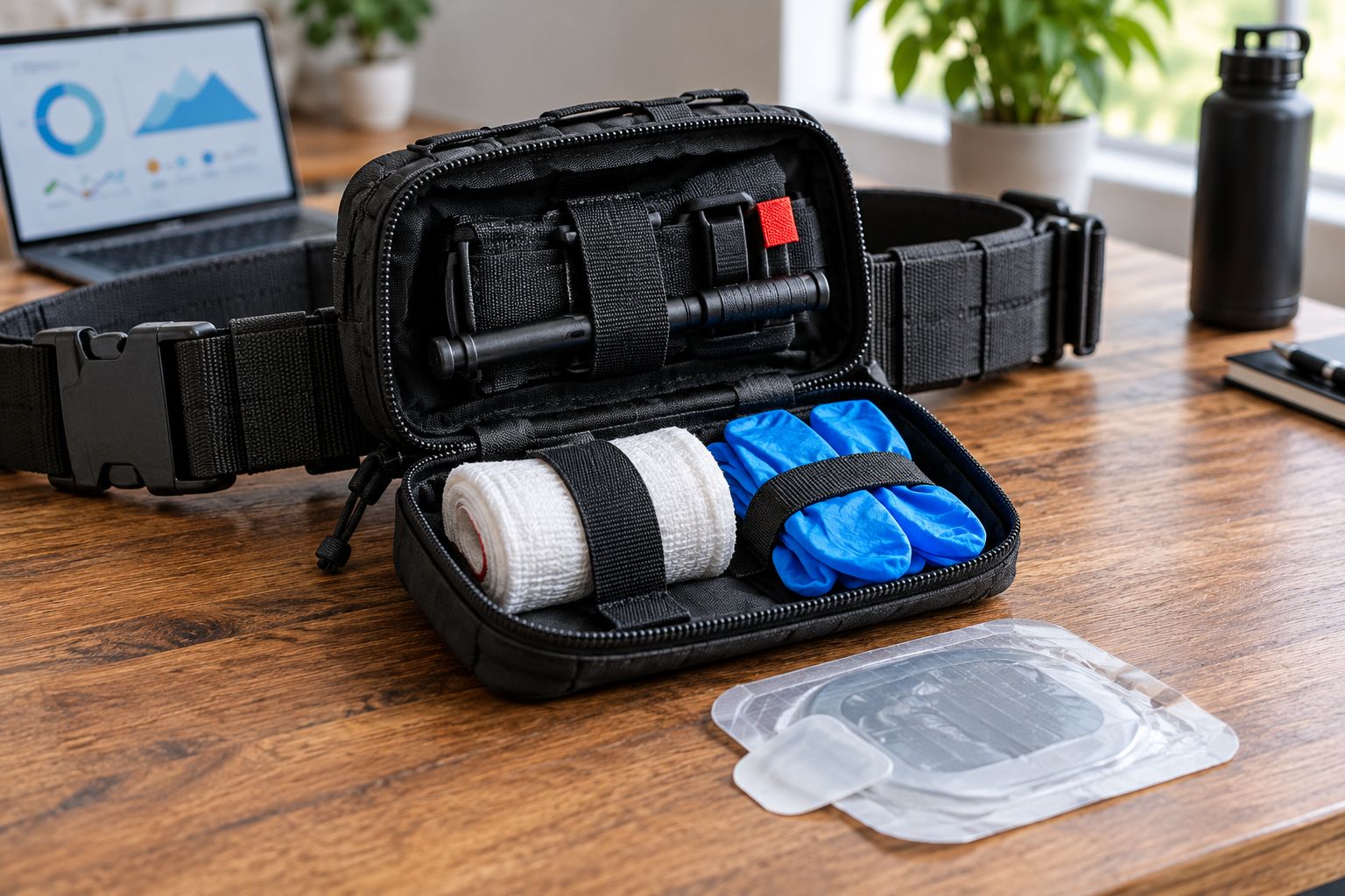 Open trauma pouch showing tourniquet, gauze, gloves and chest seal