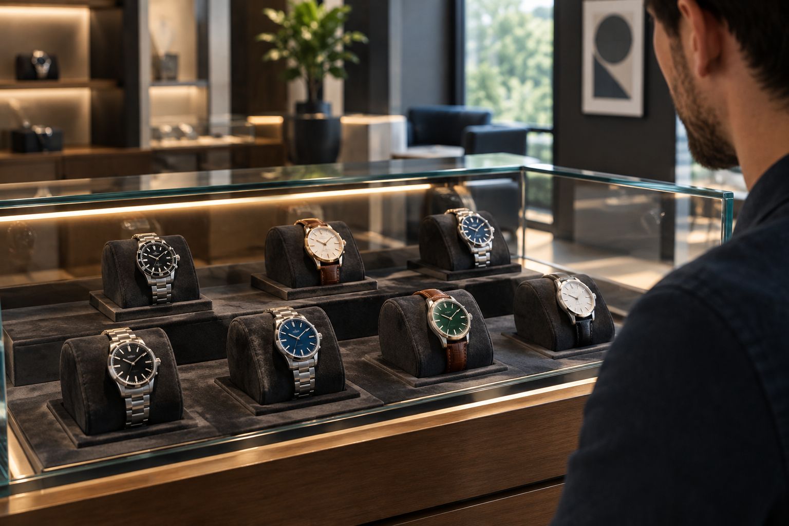 Luxury watches arranged in a boutique glass display case