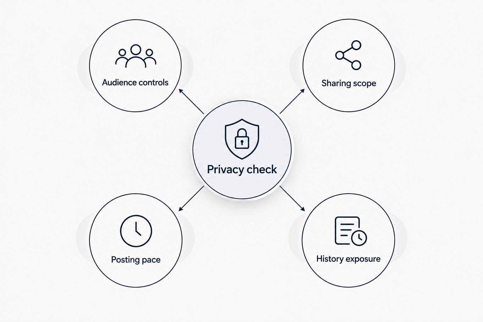 Privacy check diagram showing audience controls, sharing scope, posting pace and history exposure