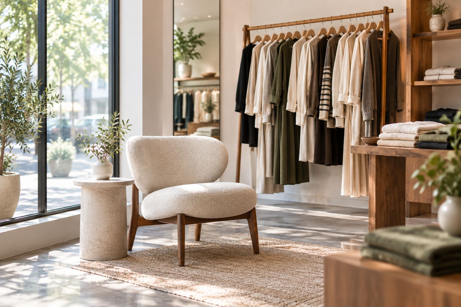 Spazio vendita boutique con una singola poltrona d'accento accanto a un appendiabiti