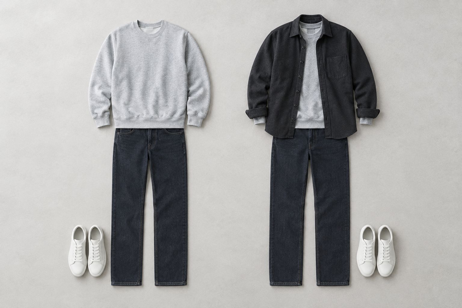 Two neutral sweatshirt outfits, one with an overshirt and one without