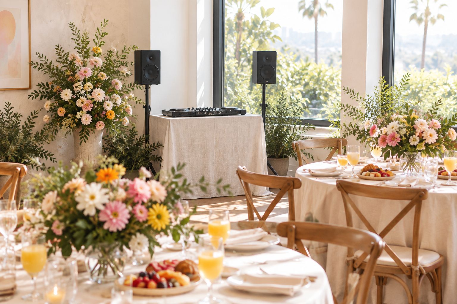 Small DJ setup tucked into the corner of a sunlit brunch dining room