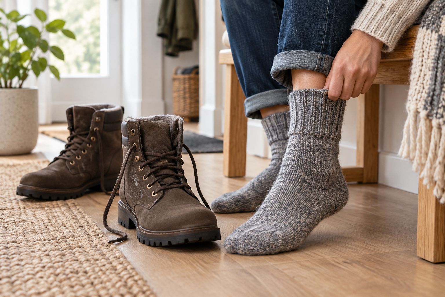A person checking thick wool socks beside winter boots before putting them on