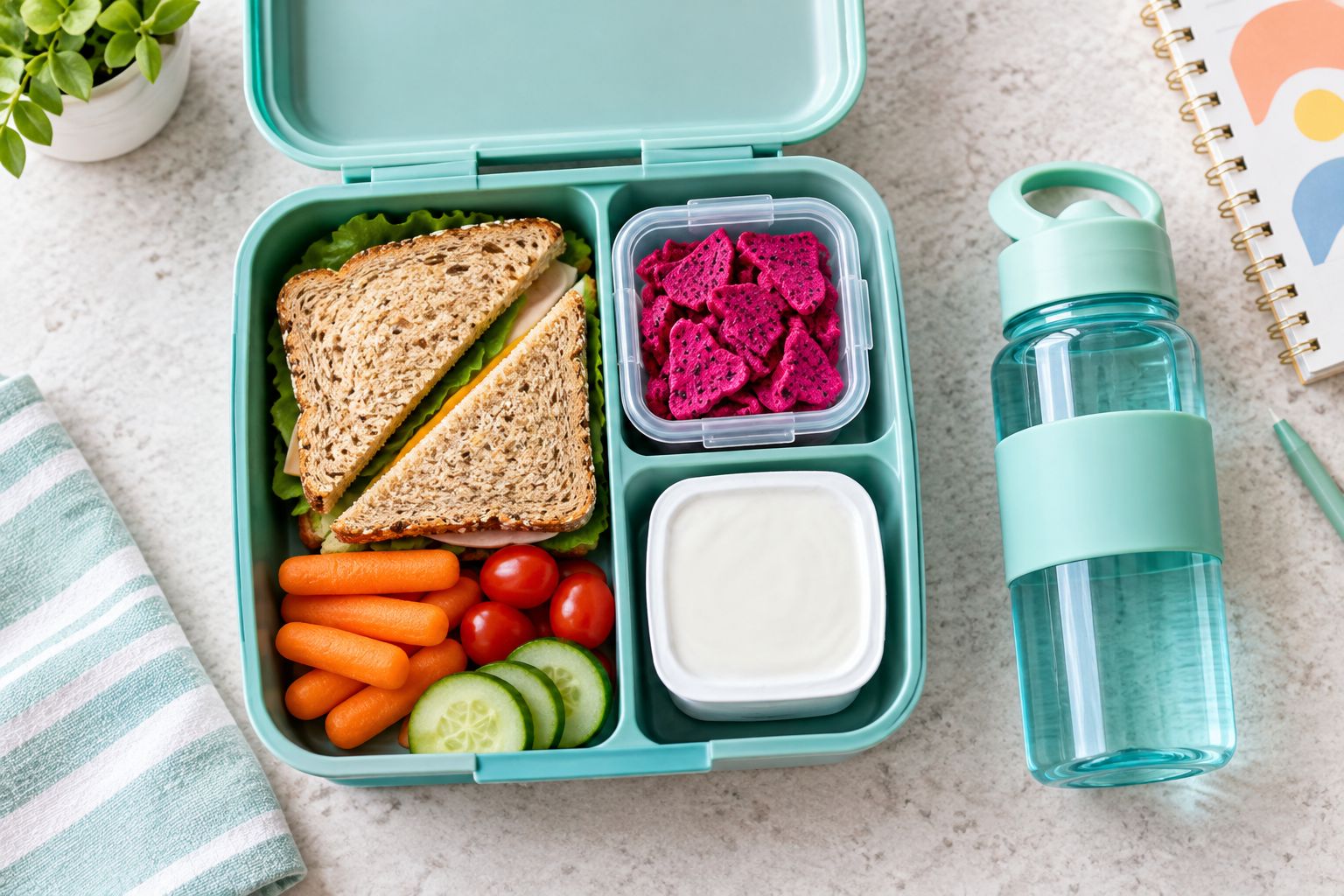 School lunchbox with dry fruit crisps kept separate from yogurt and a water bottle