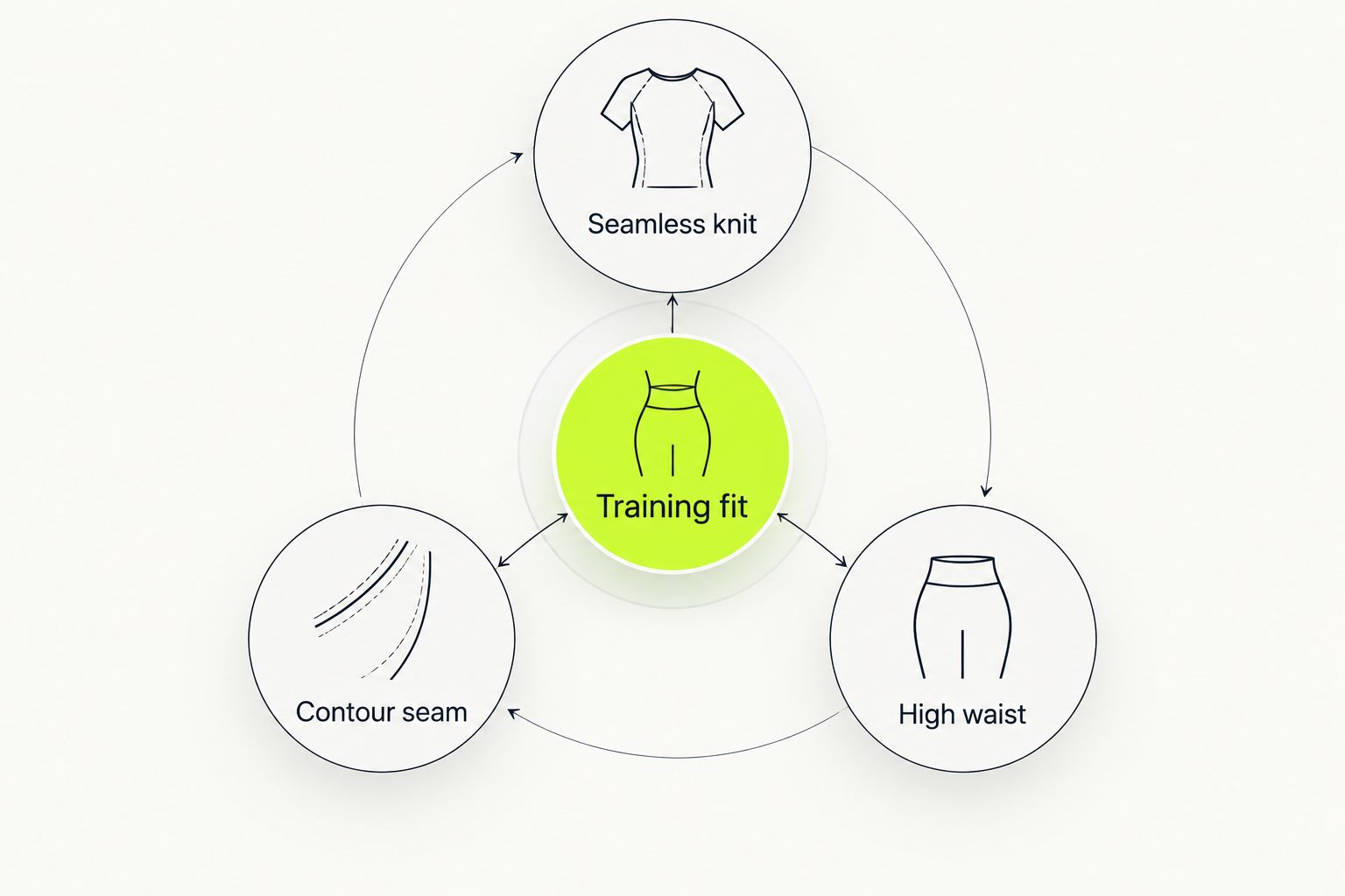 Diagram connecting seamless knit, contour seams, and high waists to training fit