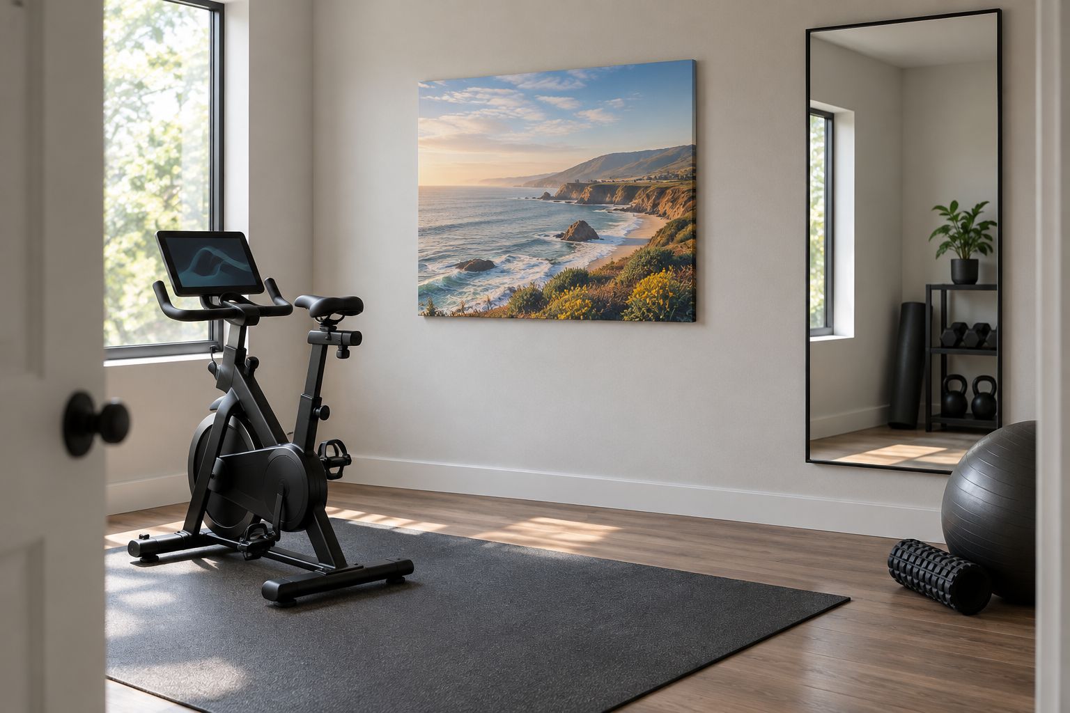 A coastal landscape canvas on a clear side wall in a spare-room exercise corner.