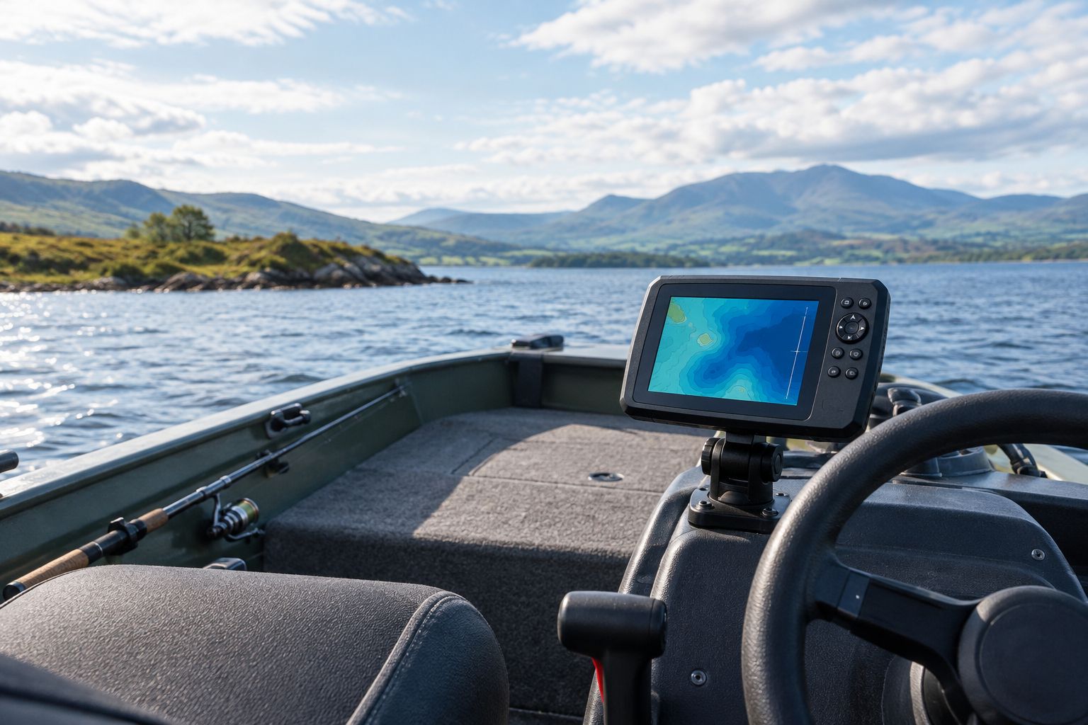 Chartplotter mounting position beside the controls of a small fishing boat
